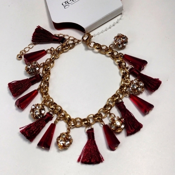 Women's Polished Gold-tone Red Beaded Tassel Bracelet w/ Sparkling Crystal Balls - Picture 3 of 8